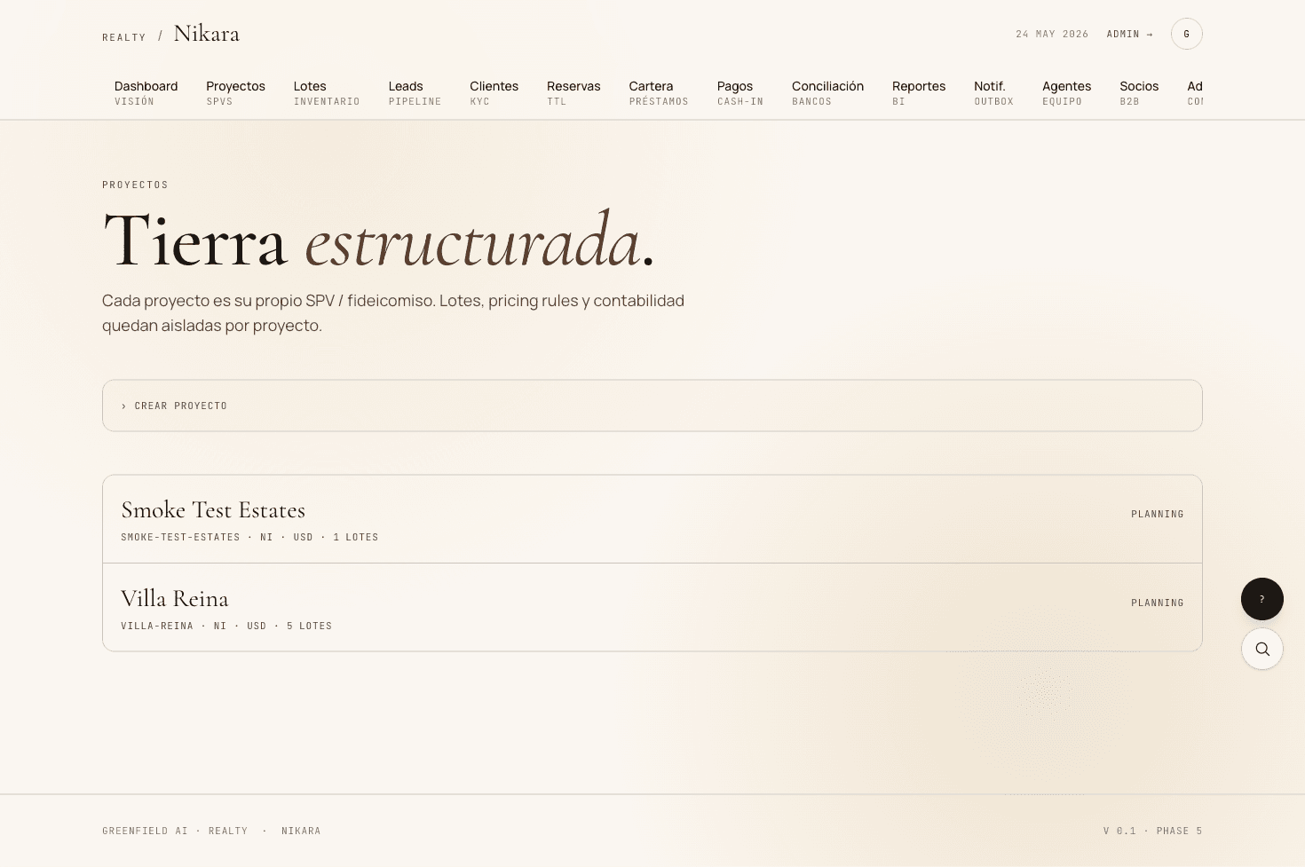 Listado de proyectos en SmartRealty mostrando SPVs activas
